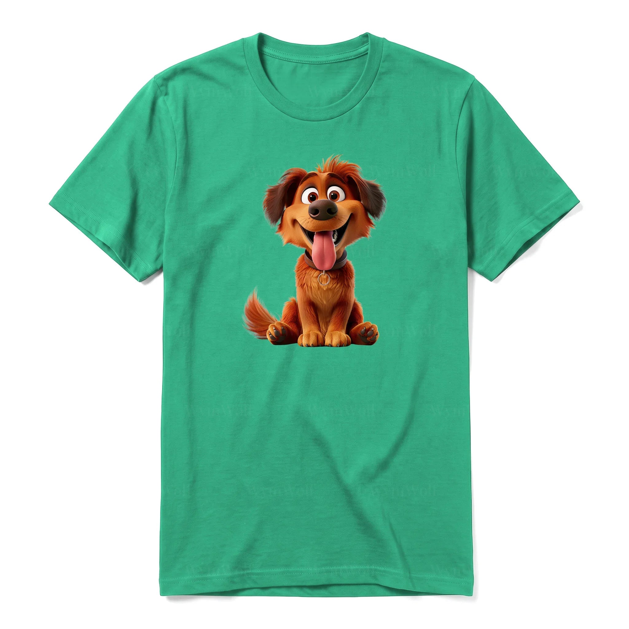 A kelly short-sleeve crewneck t-shirt for adult featuring a graphic of a dog on the front.