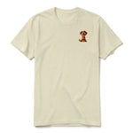 A latte short-sleeve crewneck t-shirt for adult featuring a graphic of a dog on the left chest.