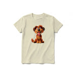 A latte short-sleeve crewneck t-shirt for youth featuring a graphic of a dog on the front.