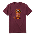 A maroon short-sleeve crewneck t-shirt for adult featuring a graphic of a dog on the front.