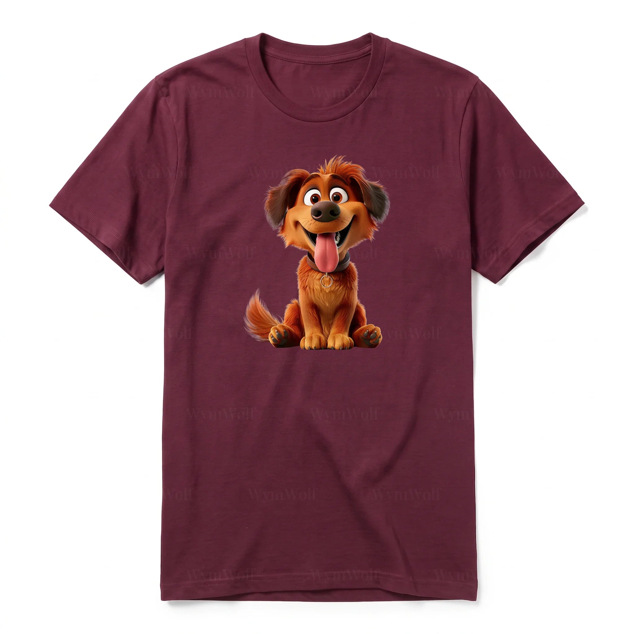 A maroon short-sleeve crewneck t-shirt for adult featuring a graphic of a dog on the front.