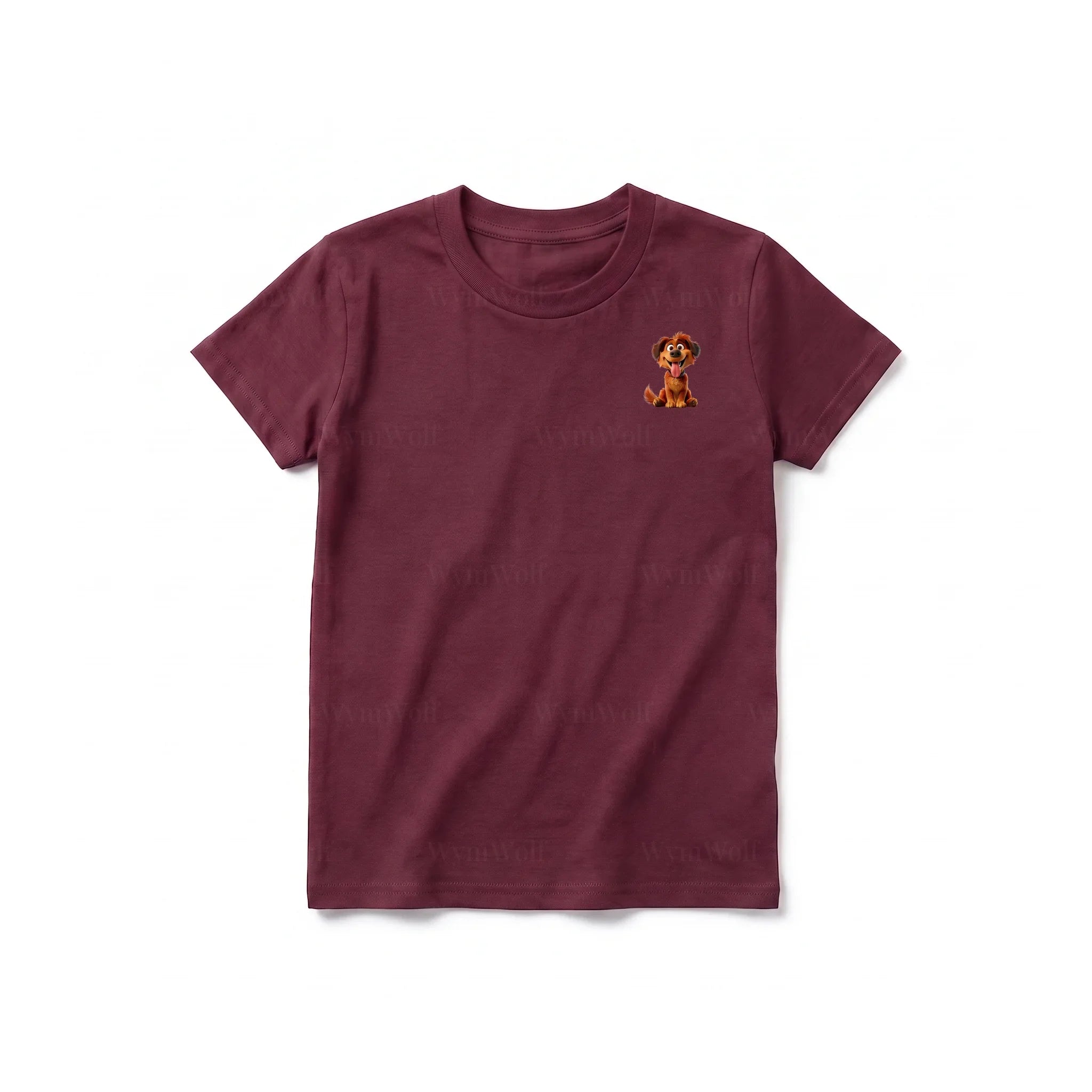 A maroon short-sleeve crewneck t-shirt for youth featuring a graphic of a dog on the left chest.