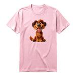 A pink short-sleeve crewneck t-shirt for adult featuring a graphic of a dog on the front.