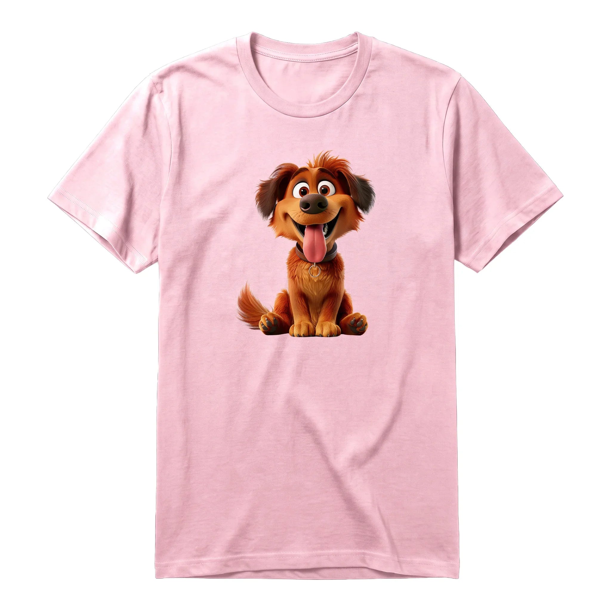 A pink short-sleeve crewneck t-shirt for adult featuring a graphic of a dog on the front.