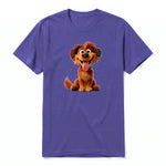 Un T-shirt violet à manches courtes et col rond, orné d'un motif représentant un chien sur le devant.