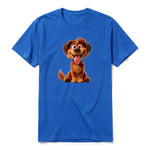 A royal short-sleeve crewneck t-shirt for adult featuring a graphic of a dog on the front.