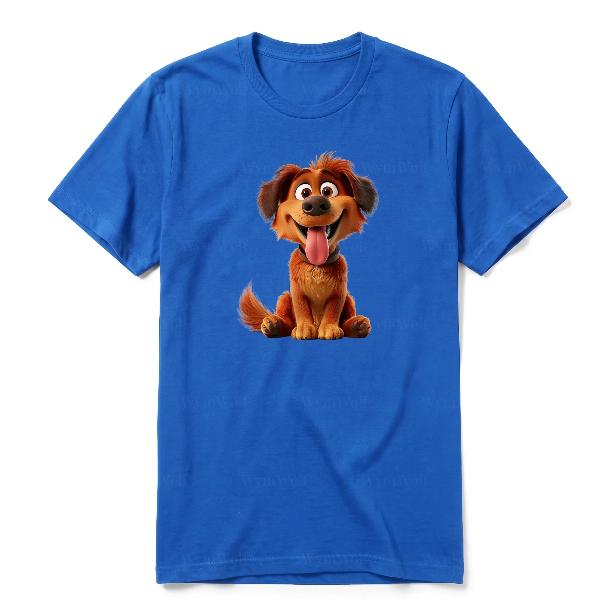 A royal short-sleeve crewneck t-shirt for adult featuring a graphic of a dog on the front.