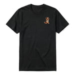 A black short-sleeve crewneck t-shirt for adult featuring a graphic of a dog on the left chest.