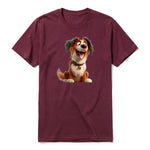 A maroon short-sleeve crewneck t-shirt for adult featuring a graphic of a dog on the front.