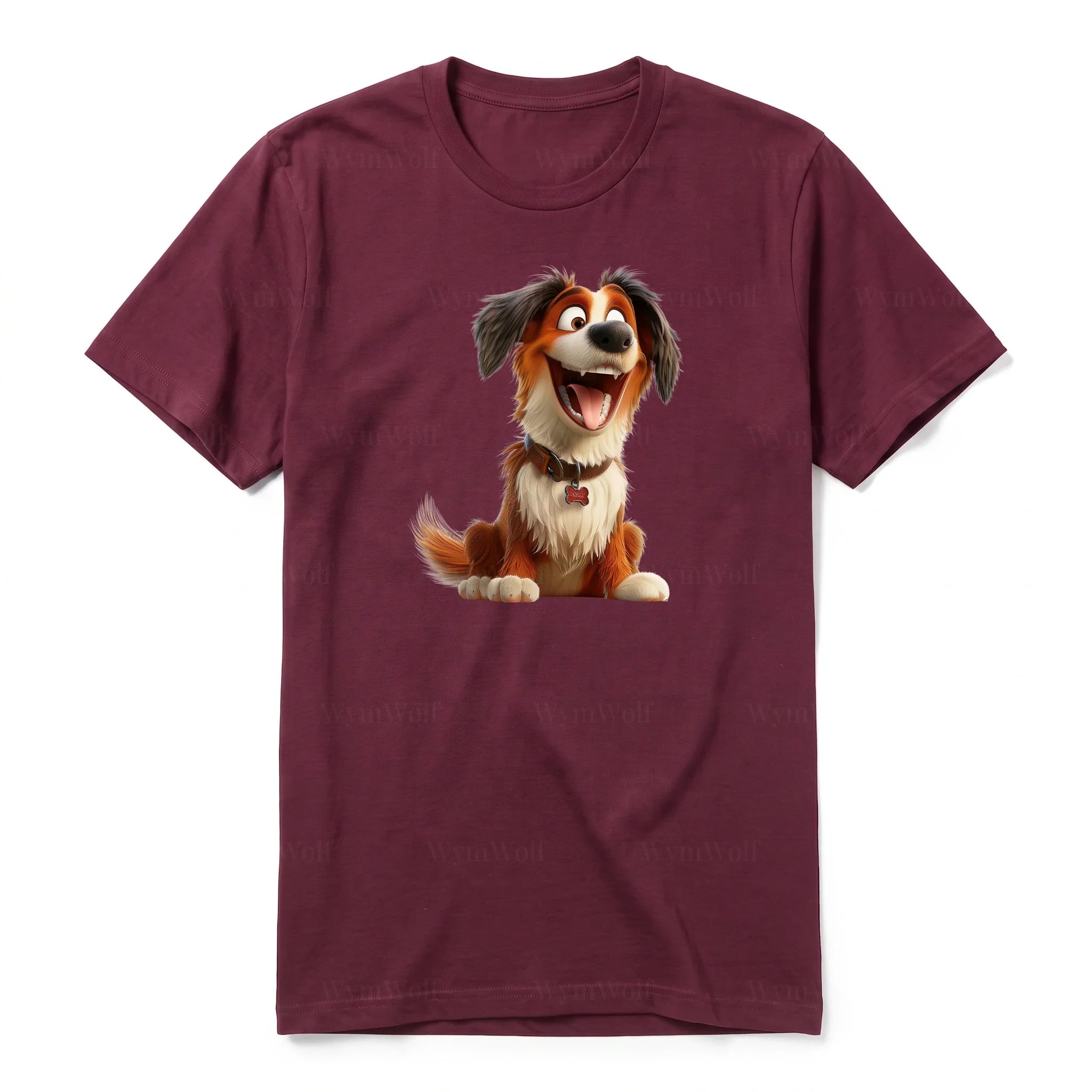 A maroon short-sleeve crewneck t-shirt for adult featuring a graphic of a dog on the front.