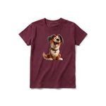 A maroon short-sleeve crewneck t-shirt for youth featuring a graphic of a dog on the front.