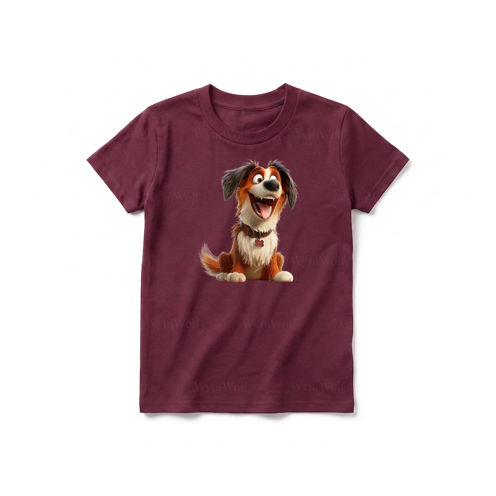 A maroon short-sleeve crewneck t-shirt for youth featuring a graphic of a dog on the front.