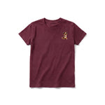 A maroon short-sleeve crewneck t-shirt for youth featuring a graphic of a dog on the left chest.
