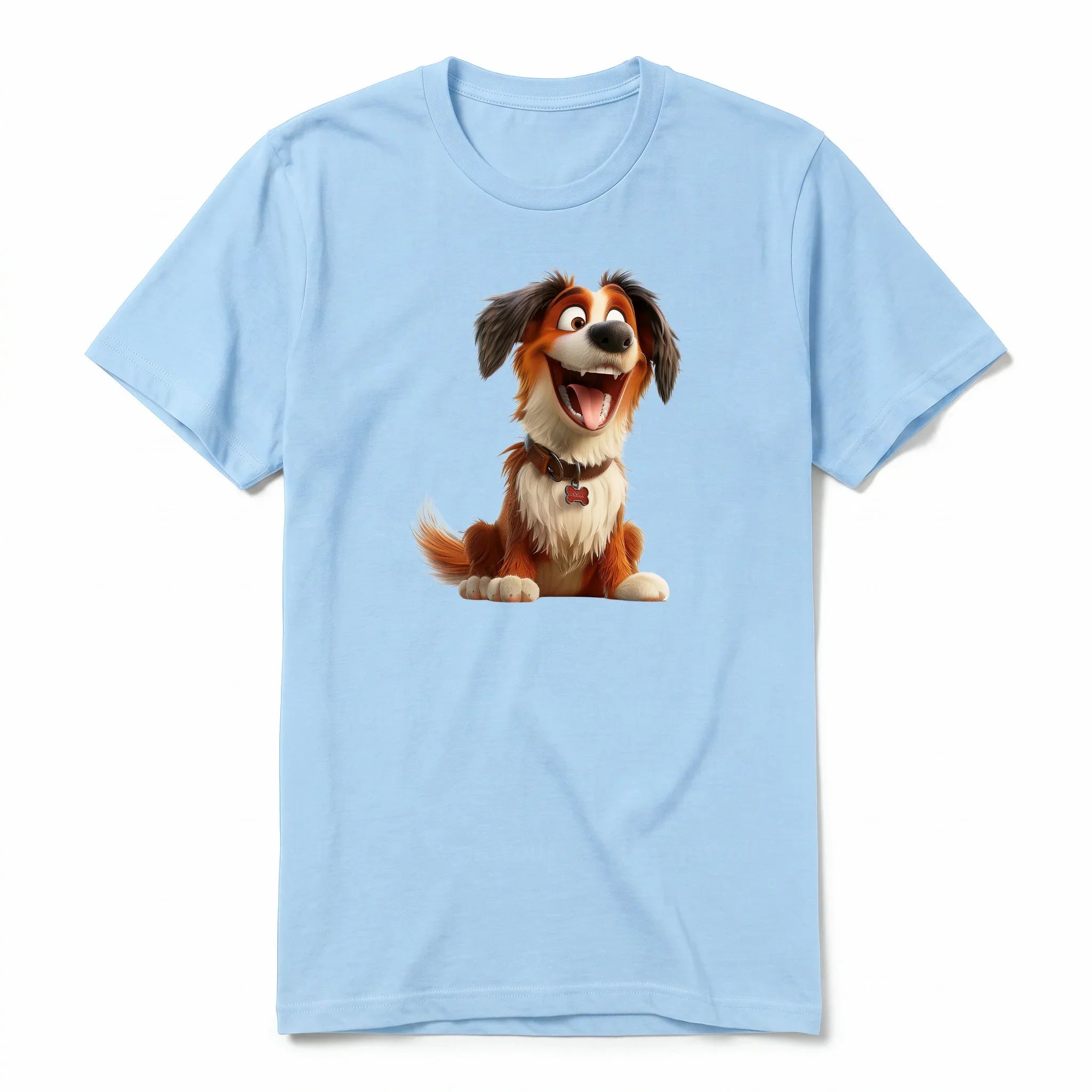 Un T-shirt poudre à manches courtes et col rond, orné d'un motif représentant un chien sur le devant.