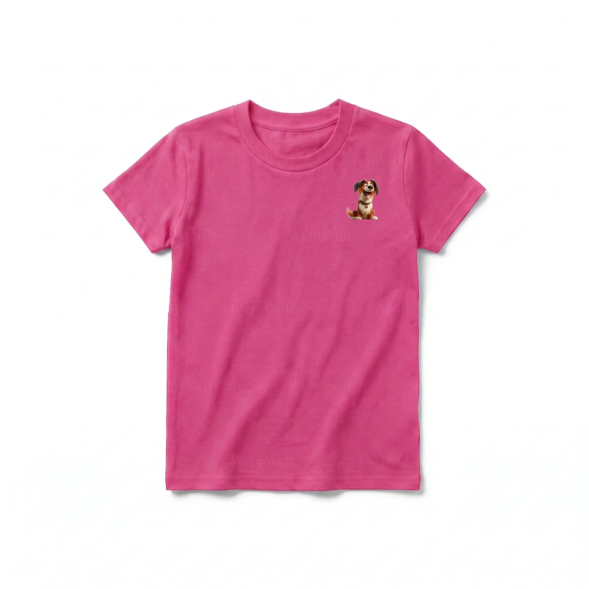 Un T-shirt framboise à manches courtes et col rond pour jeune, orné d'un motif représentant un chien sur la poitrine gauche.
