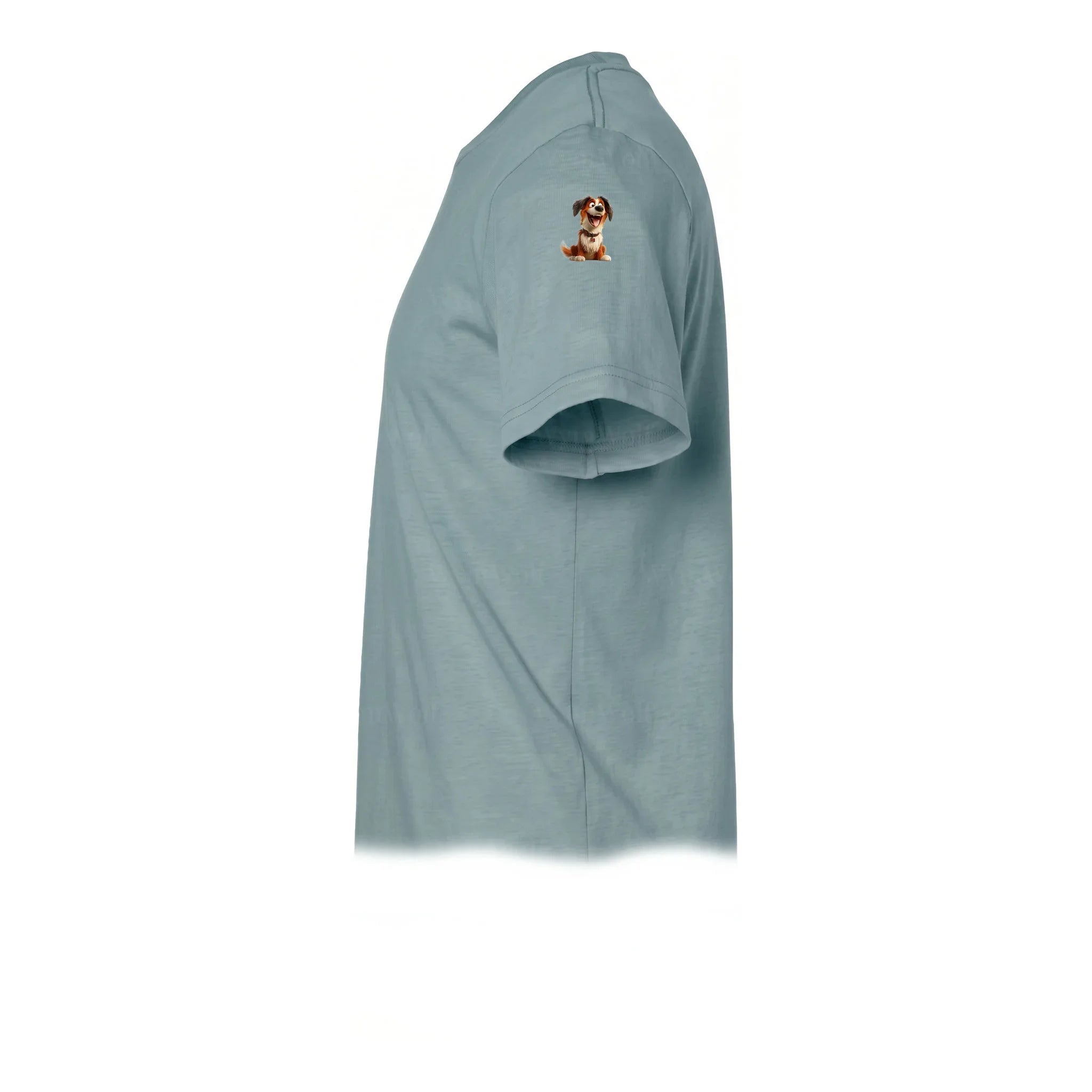 A sage short-sleeve crewneck t-shirt  featuring a small graphic of a dog on the upper left sleeve.