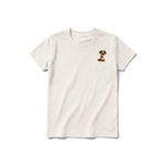 A vintage-white short-sleeve crewneck t-shirt for youth featuring a graphic of a dog on the left chest.