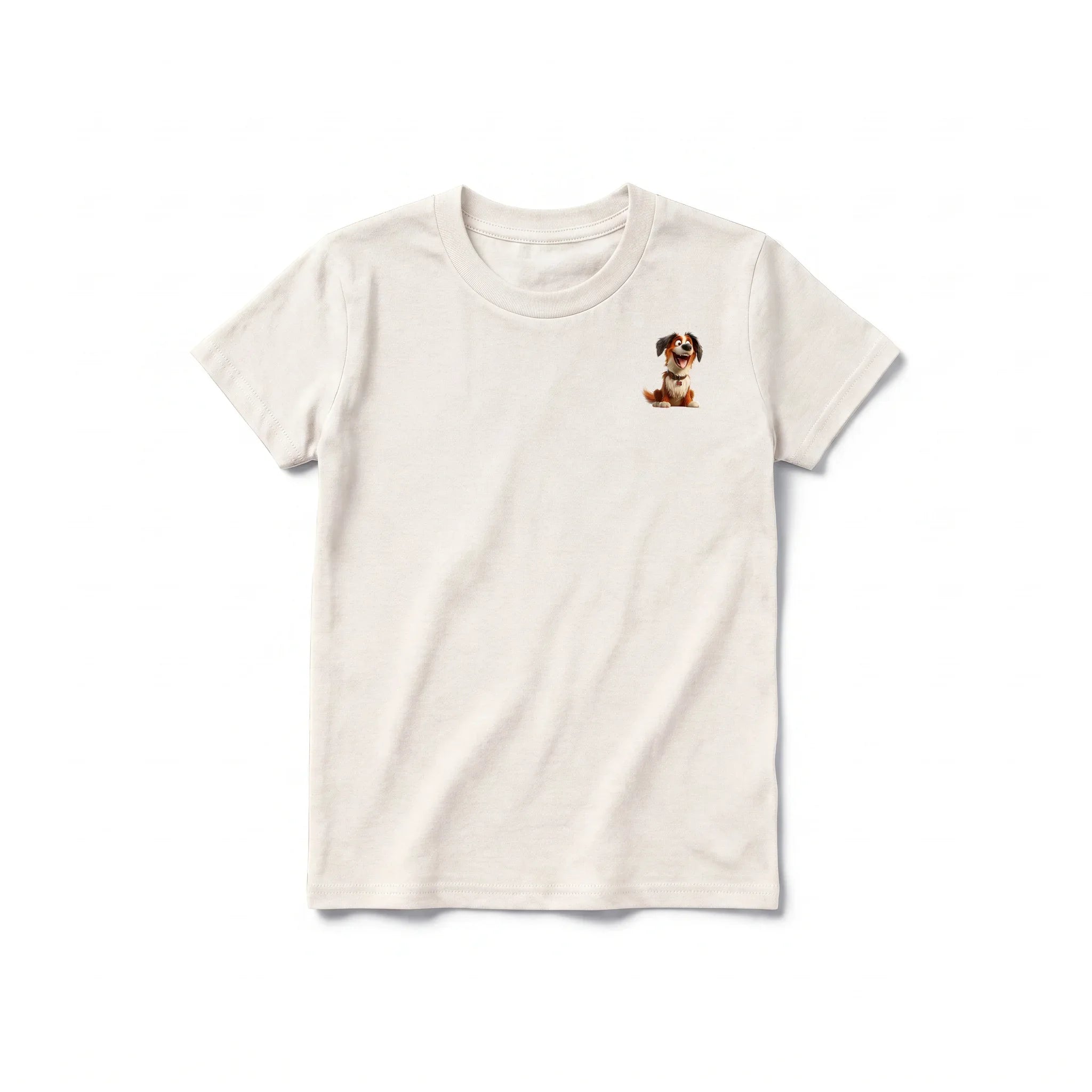 A vintage-white short-sleeve crewneck t-shirt for youth featuring a graphic of a dog on the left chest.