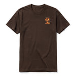 A chocolate short-sleeve crewneck t-shirt for adult featuring a graphic of a dog on the left chest.