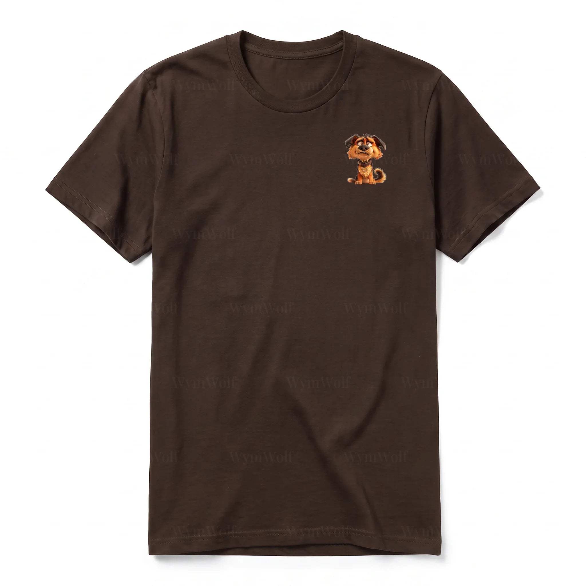 A chocolate short-sleeve crewneck t-shirt for adult featuring a graphic of a dog on the left chest.