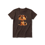 A chocolate short-sleeve crewneck t-shirt for youth featuring a graphic of a dog on the front.