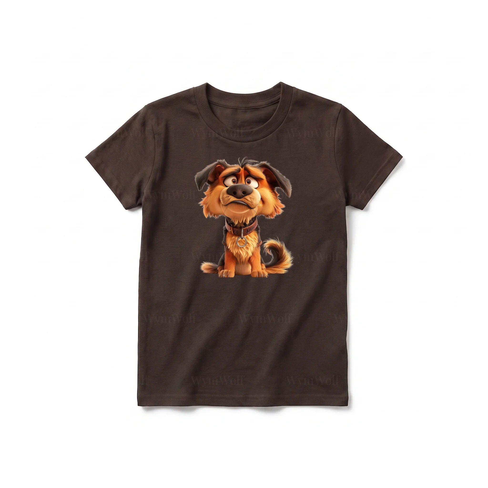 A chocolate short-sleeve crewneck t-shirt for youth featuring a graphic of a dog on the front.