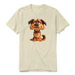 Un T-shirt latte à manches courtes et col rond, orné d'un motif représentant un chien sur le devant.