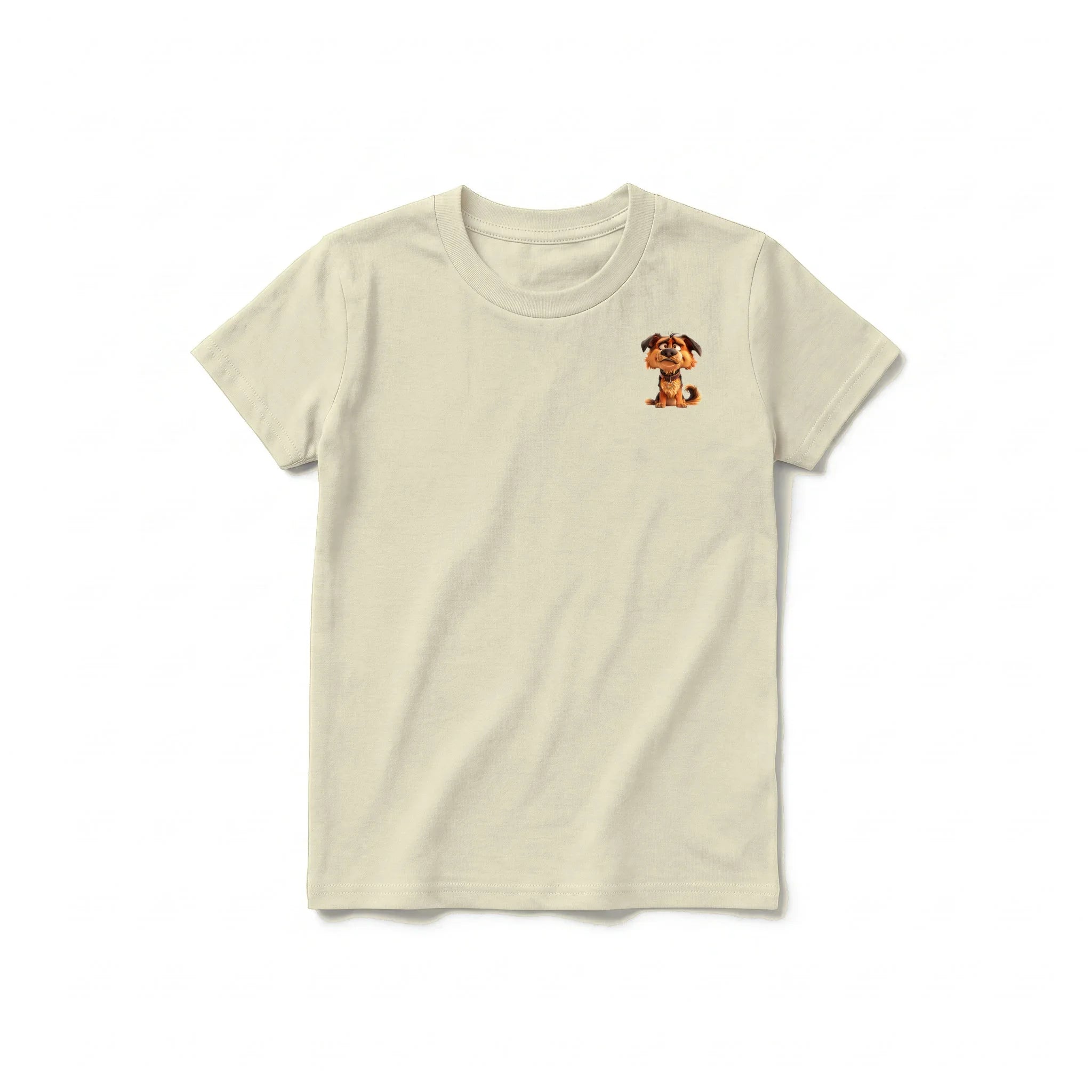 Un T-shirt latte à manches courtes et col rond pour jeune, orné d'un motif représentant un chien sur la poitrine gauche.