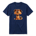 A navy short-sleeve crewneck t-shirt for adult featuring a graphic of a dog on the front.