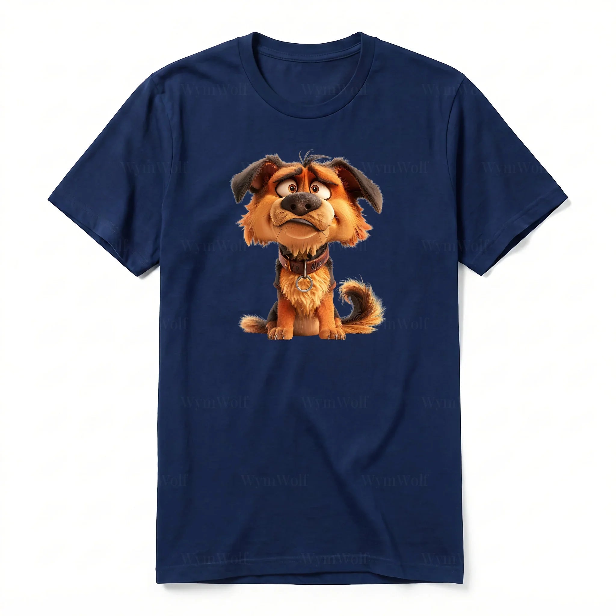 A navy short-sleeve crewneck t-shirt for adult featuring a graphic of a dog on the front.