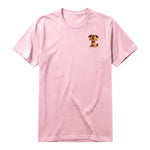 A pink short-sleeve crewneck t-shirt for adult featuring a graphic of a dog on the left chest.