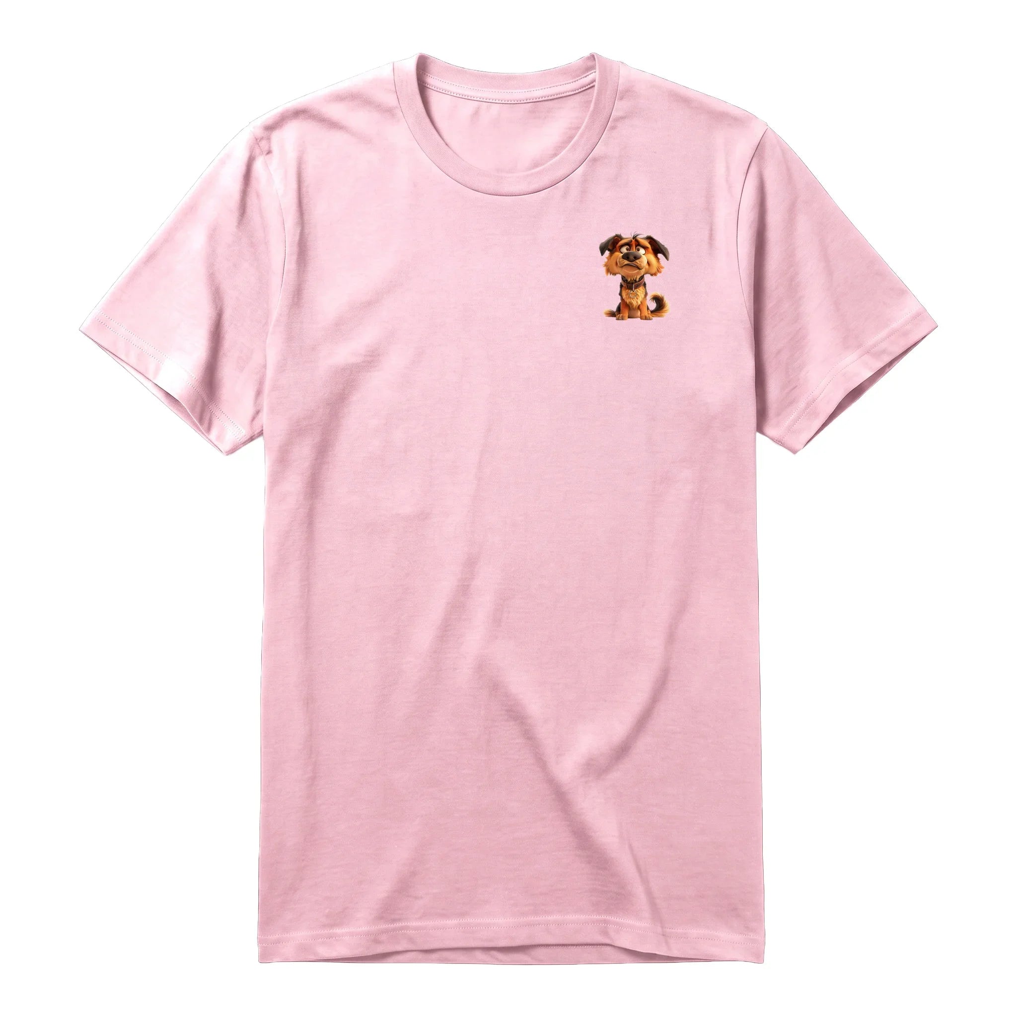A pink short-sleeve crewneck t-shirt for adult featuring a graphic of a dog on the left chest.