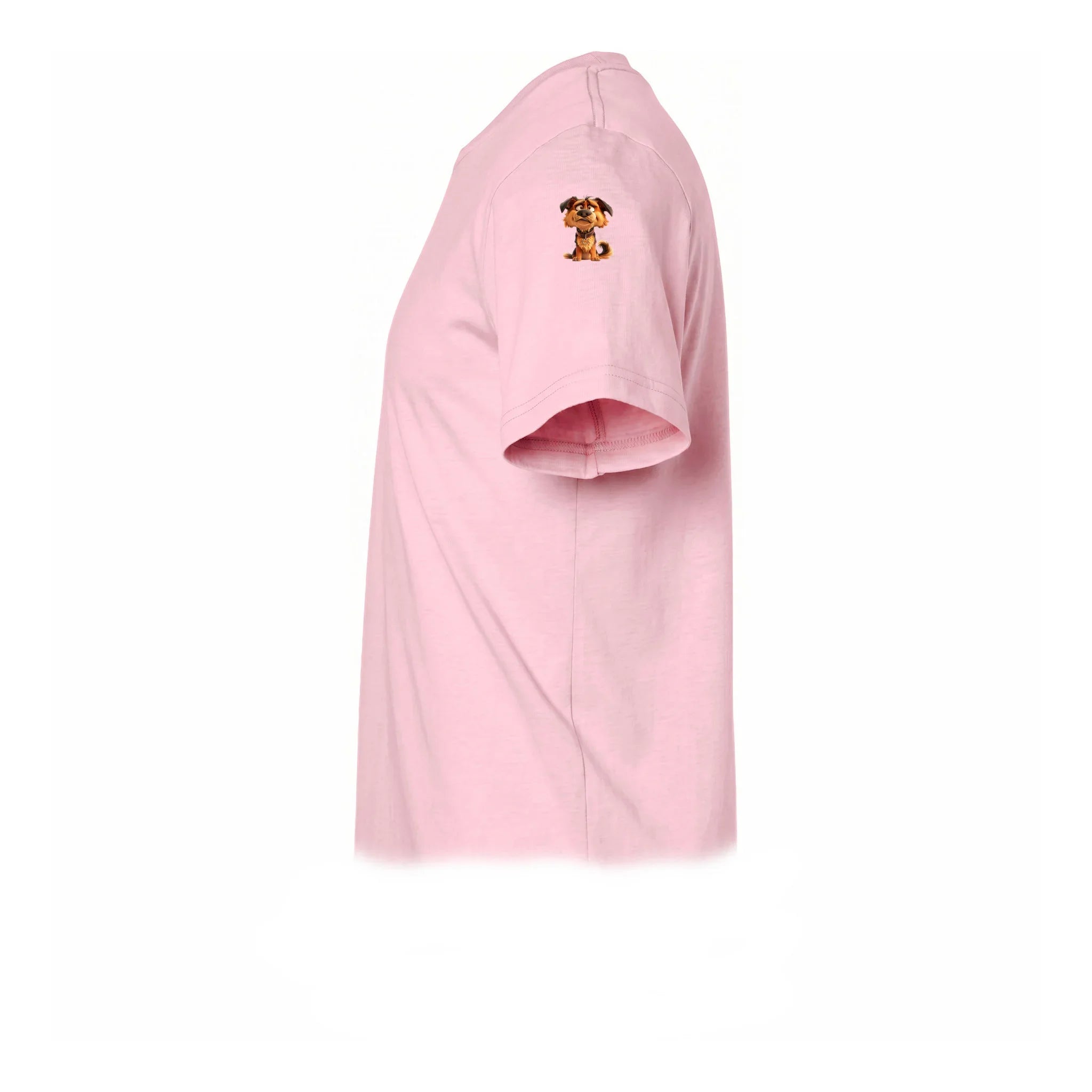 A pink short-sleeve crewneck t-shirt  featuring a small graphic of a dog on the upper left sleeve.
