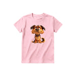 A pink short-sleeve crewneck t-shirt for youth featuring a graphic of a dog on the front.
