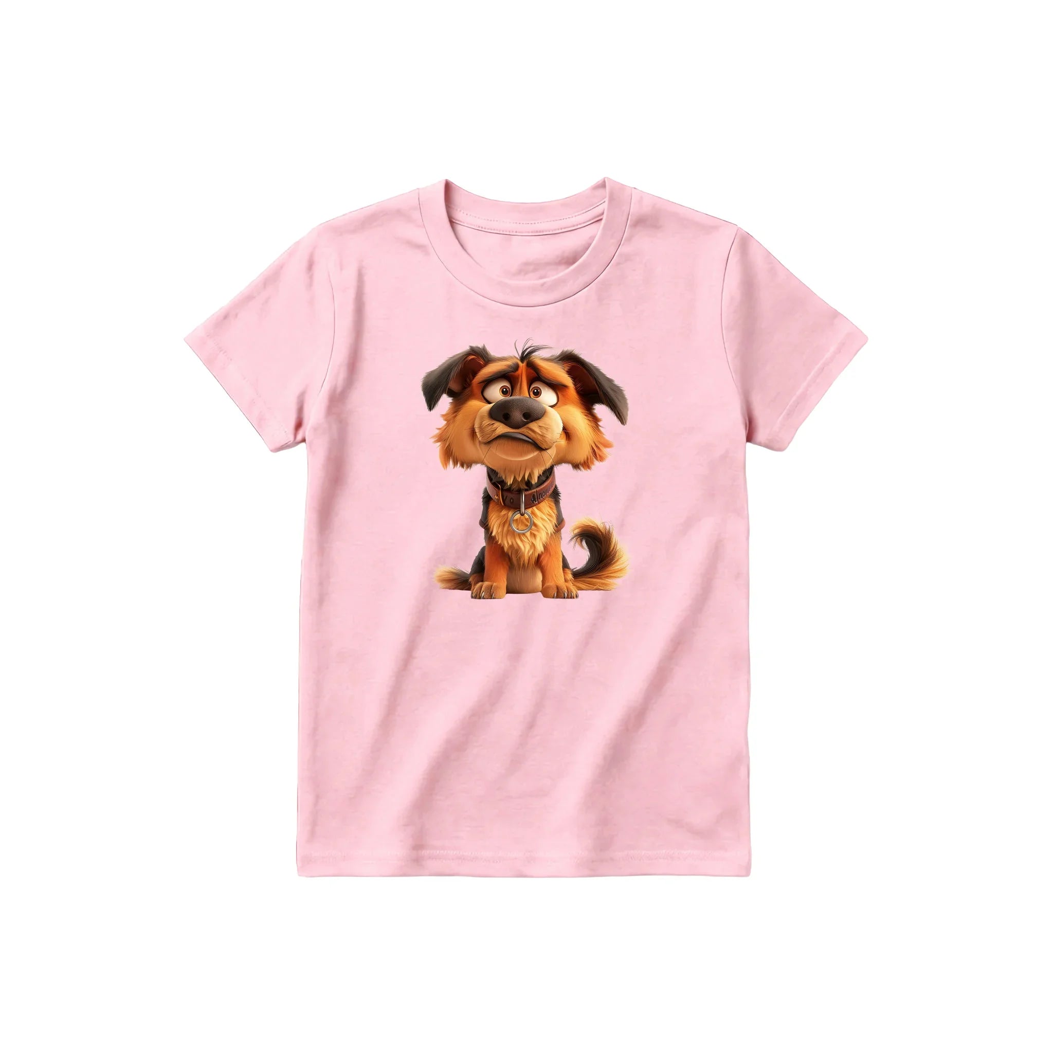 A pink short-sleeve crewneck t-shirt for youth featuring a graphic of a dog on the front.