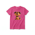 A raspberry short-sleeve crewneck t-shirt for youth featuring a graphic of a dog on the front.