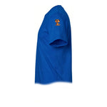 A royal short-sleeve crewneck t-shirt  featuring a small graphic of a dog on the upper left sleeve.