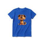 A royal short-sleeve crewneck t-shirt for youth featuring a graphic of a dog on the front.