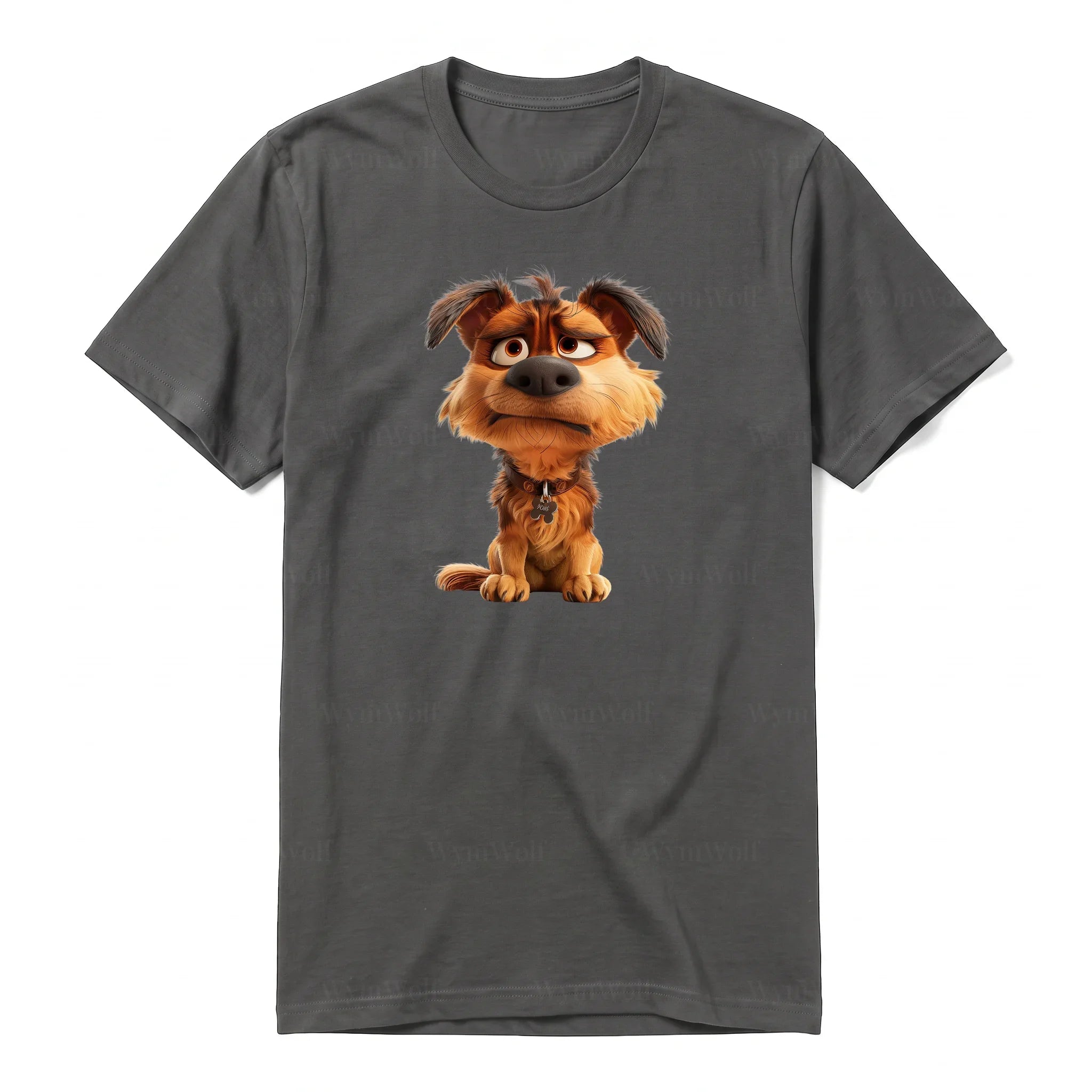 A charcoal short-sleeve crewneck t-shirt for adult featuring a graphic of a dog on the front.