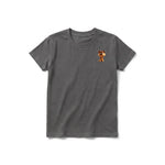 A charcoal short-sleeve crewneck t-shirt for youth featuring a graphic of a dog on the left chest.