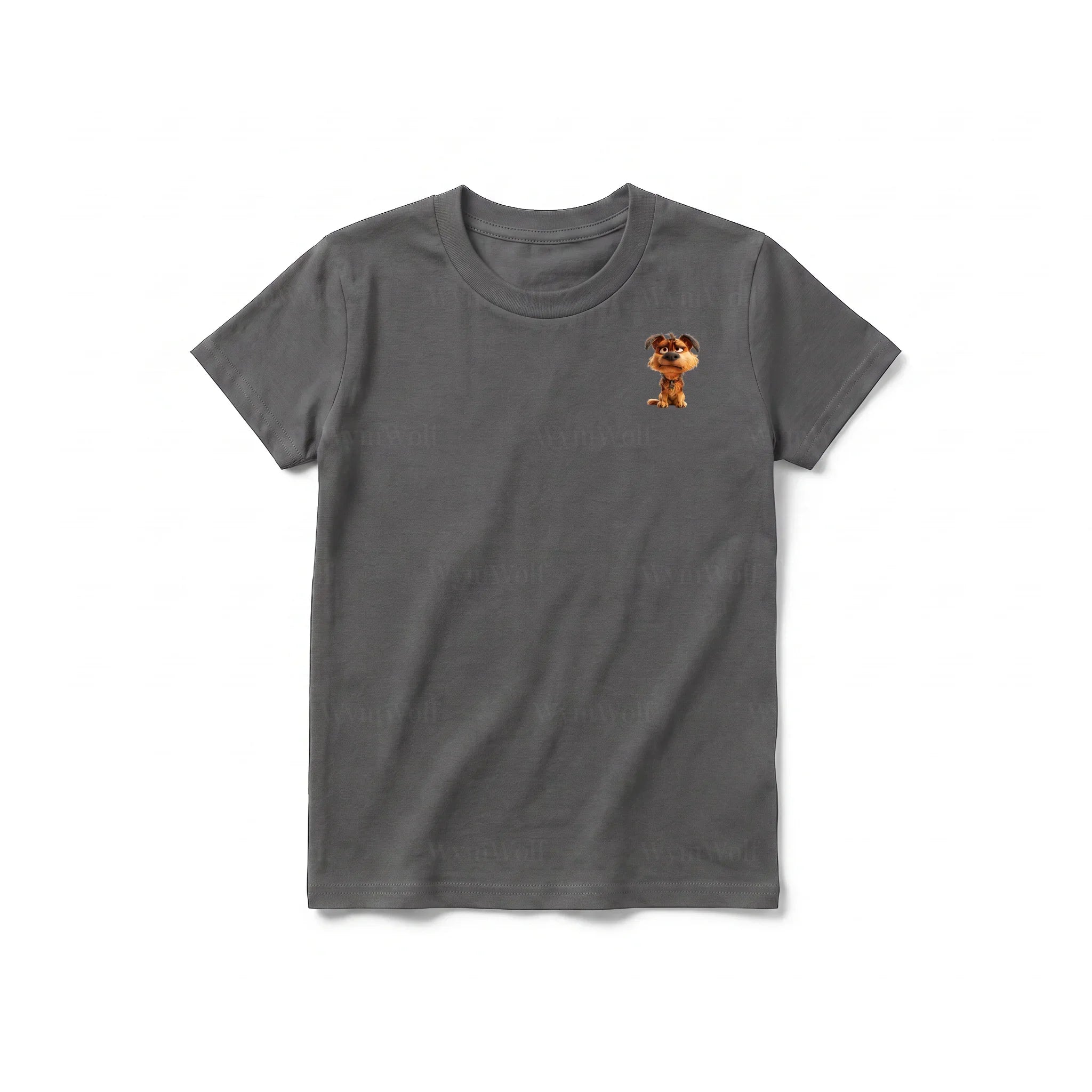 A charcoal short-sleeve crewneck t-shirt for youth featuring a graphic of a dog on the left chest.