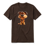 Un T-shirt chocolat à manches courtes et col rond, orné d'un motif représentant un chien sur le devant.