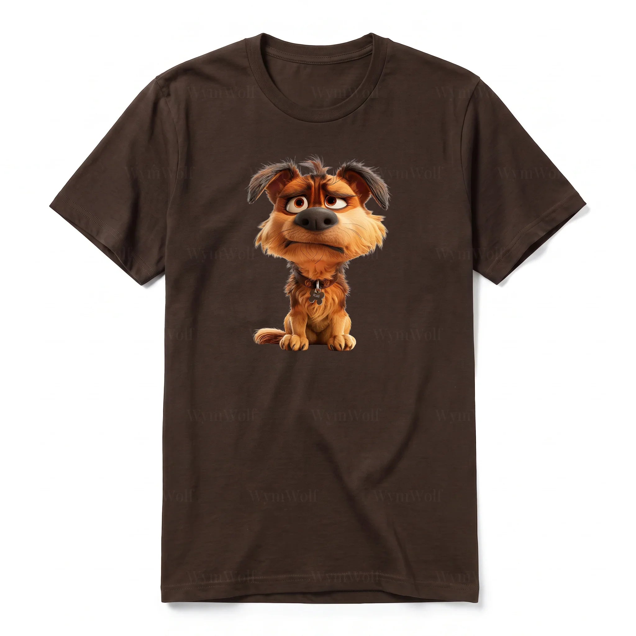 Un T-shirt chocolat à manches courtes et col rond, orné d'un motif représentant un chien sur le devant.