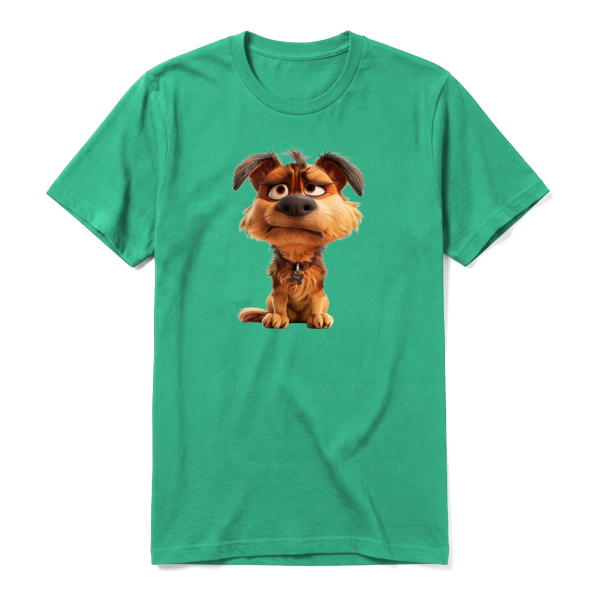A kelly short-sleeve crewneck t-shirt for adult featuring a graphic of a dog on the front.