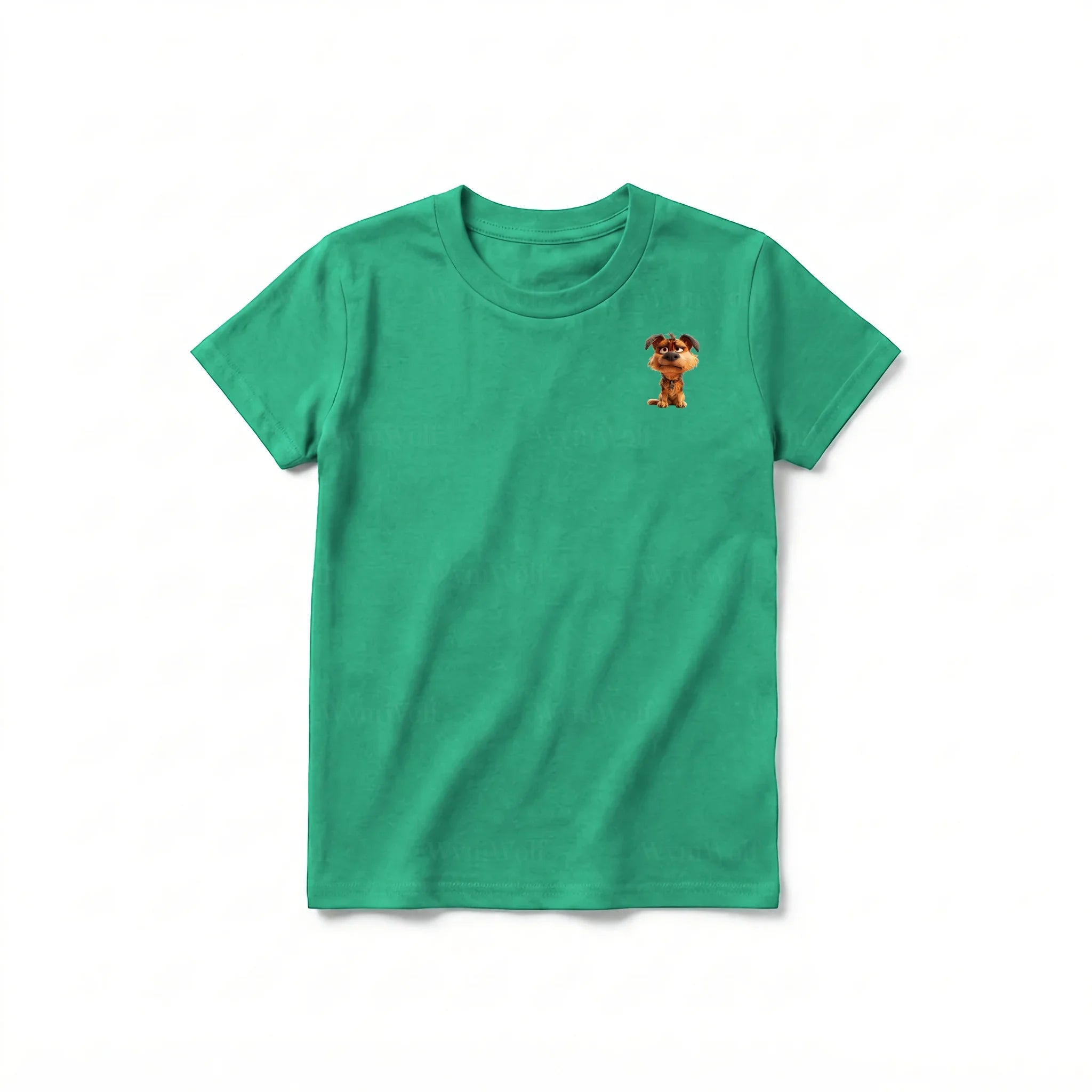 A kelly short-sleeve crewneck t-shirt for youth featuring a graphic of a dog on the left chest.