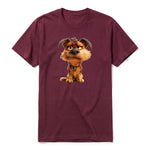 A maroon short-sleeve crewneck t-shirt for adult featuring a graphic of a dog on the front.