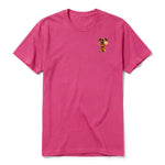 A raspberry short-sleeve crewneck t-shirt for adult featuring a graphic of a dog on the left chest.