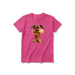 A raspberry short-sleeve crewneck t-shirt for youth featuring a graphic of a dog on the front.