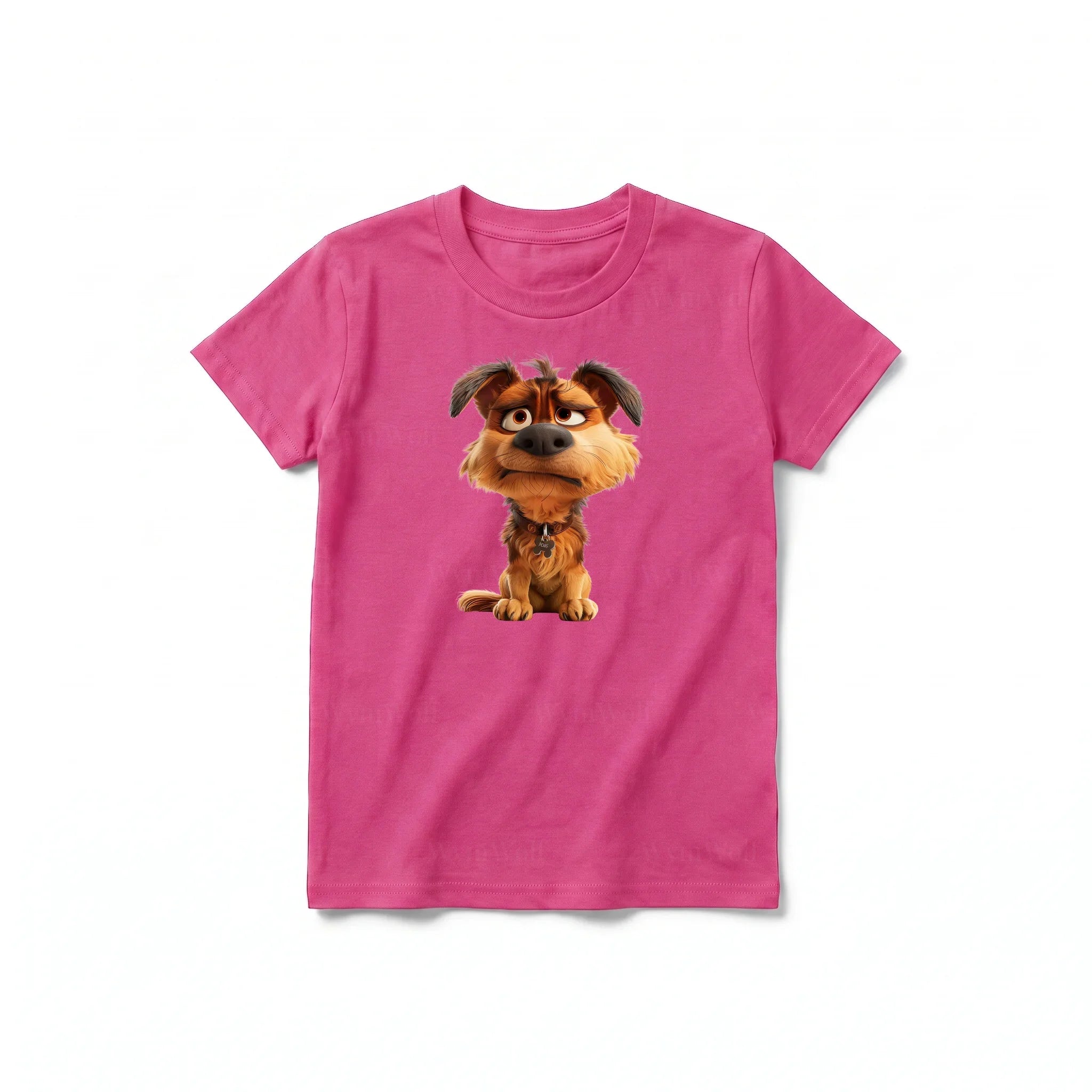 A raspberry short-sleeve crewneck t-shirt for youth featuring a graphic of a dog on the front.