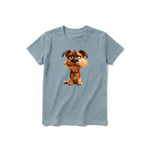 A sage short-sleeve crewneck t-shirt for youth featuring a graphic of a dog on the front.